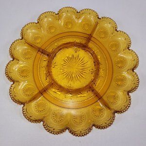 Carnival Glass Vintage 11" Amber Deviled Egg Oyster Divided Plate Dish